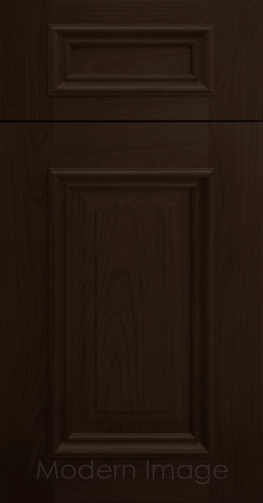 Heritage custom cabinets in a Chocolate Stain, classic raised panel doors, and modern flat slab drawer fronts.